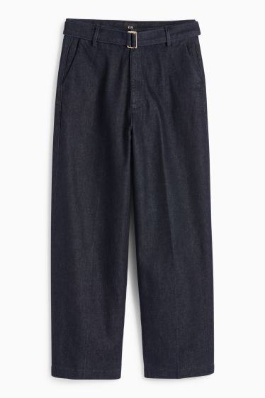 Women - Barrel jeans with belt - high waist - denim-dark blue