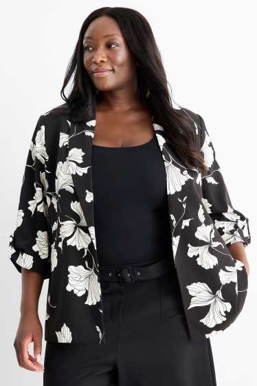 Dames - Lange blazer - relaxed fit - gebloemd - zwart / wit