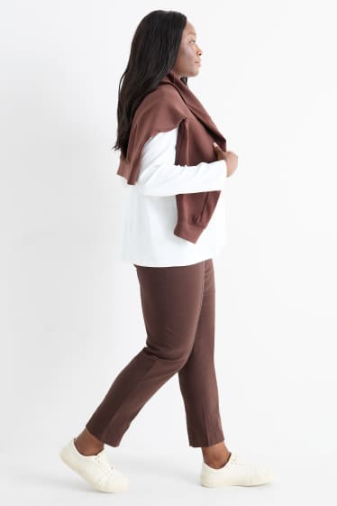 Dámské - Plátěné kalhoty - high waist - straight fit - LYCRA® - tmavohnědá