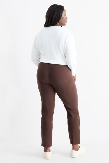 Dámské - Plátěné kalhoty - high waist - straight fit - LYCRA® - tmavohnědá
