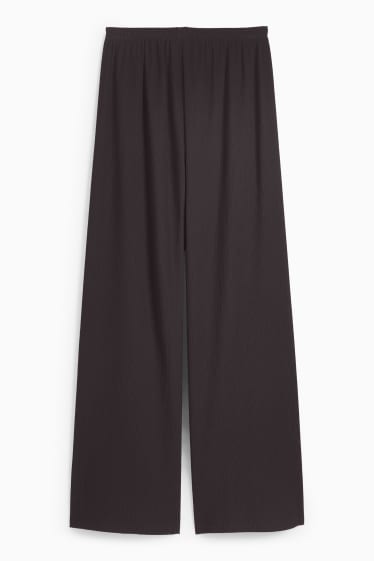 Dames - Broek van jersey - mid waist - wide leg - met structuur - donkerbruin