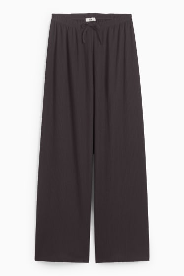 Dames - Broek van jersey - mid waist - wide leg - met structuur - donkerbruin