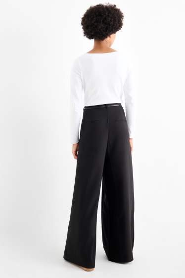 Donna - Pantaloni di stoffa con cintura - vita alta - gamba ampia - nero