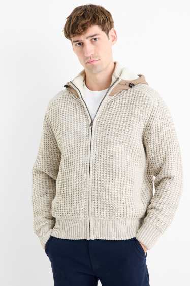 Uomo - Cardigan con cappuccio - imbottito - con trama - beige chiaro