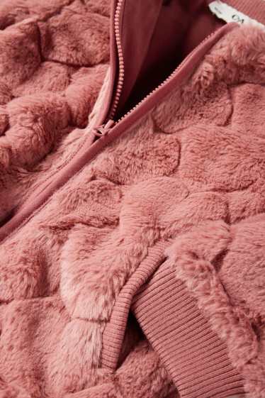 Children Girls - Heart - faux fur bomber jacket - dark rose