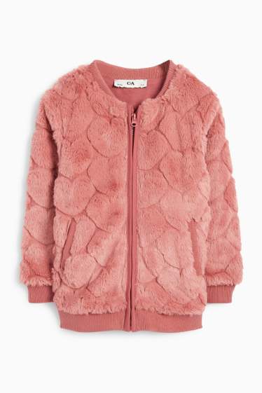 Children Girls - Heart - faux fur bomber jacket - dark rose