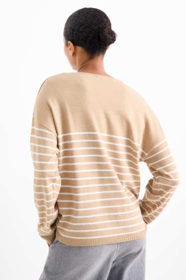 Femmes - Pull avec encolure en V - à rayures - beige