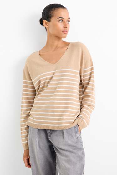 Femmes - Pull avec encolure en V - à rayures - beige