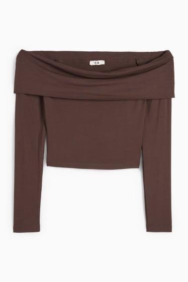 Femei - Tricou crop cu mânecă lungă - maro închis