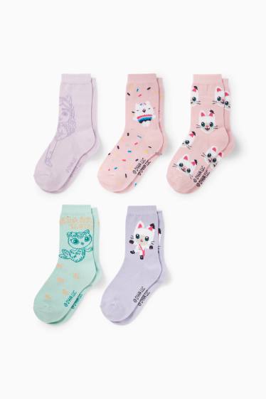 Kinderen: meisjes - Set van 5 paar - Gabby's Dollhouse - sokken met motief - fuchsiarood