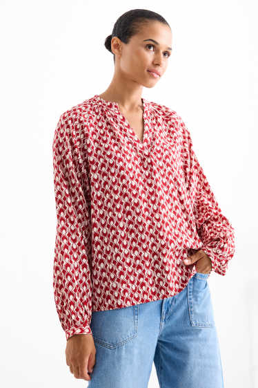 Femmes - Chemisier à encolure en V - à motif - rouge / beige