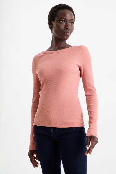 Damen - Multipack 2er - Basic-Langarmshirt - gerippt - dunkelrosa