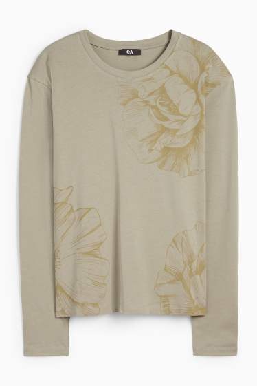Femei - Tricou cu mânecă lungă basic - cu flori - verde