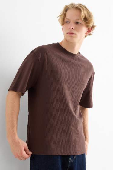 Pánské - Tričko - relaxed fit - žebrované - tmavohnědá