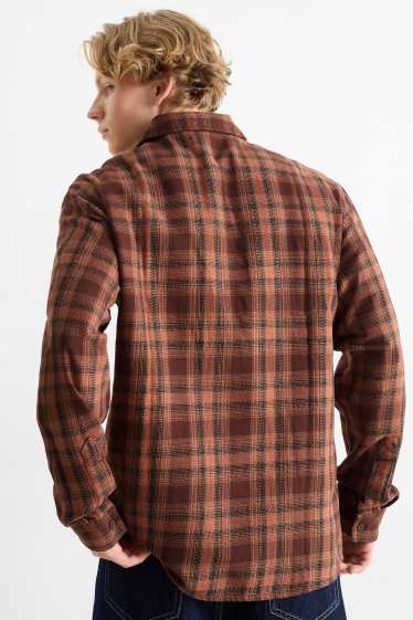 Men - Flannel shirt - regular fit - kent collar - check - dark brown