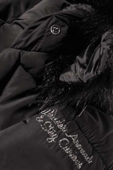 Children Girls - Quilted jacket with hood and faux fur trim - black