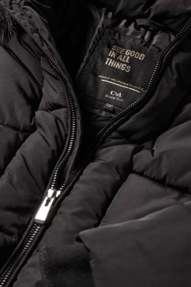 Children Girls - Quilted jacket with hood and faux fur trim - black