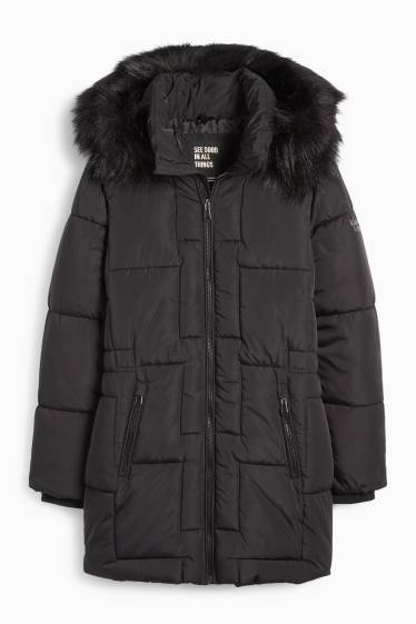 Children Girls - Quilted jacket with hood and faux fur trim - black