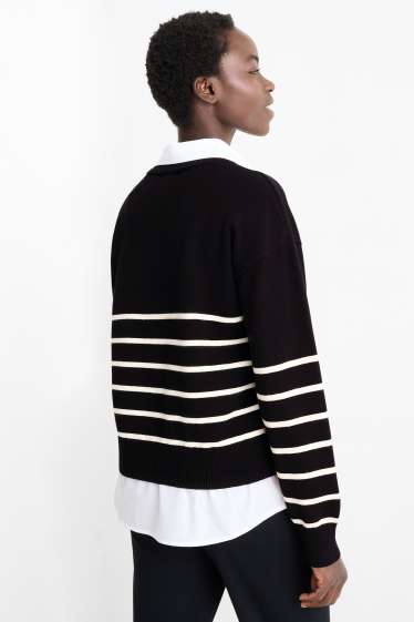 Femmes - Pull - look 2-en-1 - rayé - noir / blanc