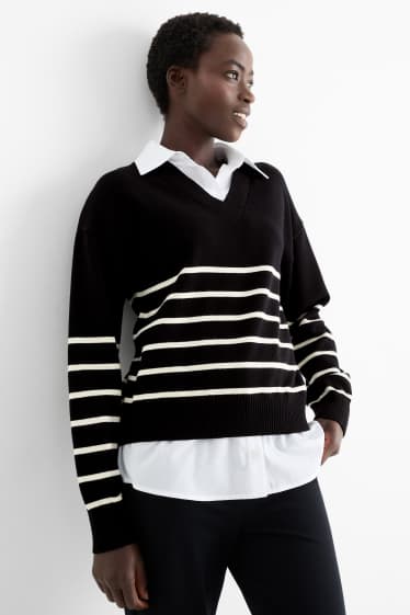 Femmes - Pull - look 2-en-1 - rayé - noir / blanc
