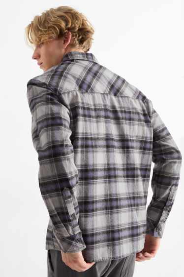 Men - Flannel shirt - regular fit - kent collar - check - light gray
