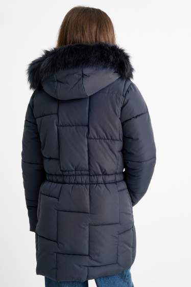 Children Girls - Quilted jacket with hood and faux fur trim - dark blue