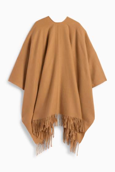 Damen - Fransen-Poncho - hellbraun