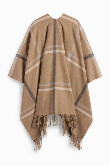 Donna - Poncho frangiato - a quadretti - marrone chiaro