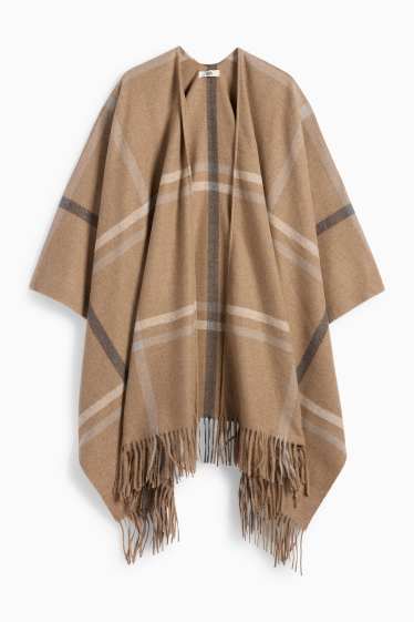 Donna - Poncho frangiato - a quadretti - marrone chiaro