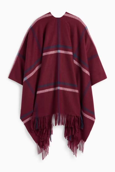 Femei - Poncho cu franjuri - în carouri - bordo