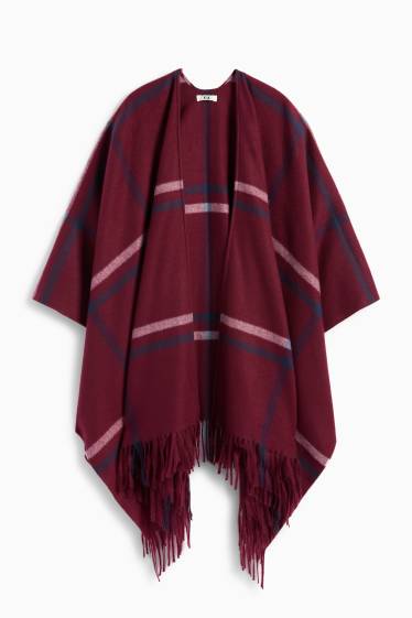 Femei - Poncho cu franjuri - în carouri - bordo