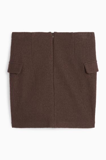 Femmes - Mini-jupe en finition bouclée - laine mélangée - marron foncé