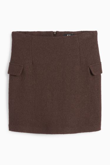Femmes - Mini-jupe en finition bouclée - laine mélangée - marron foncé