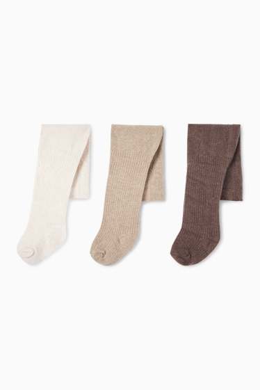 Bébés filles - Lot de 3 - collants pour bébé - finition côtelée - beige / marron