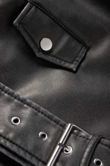 Dames - Bikerjack met ceintuur - imitatieleer - zwart