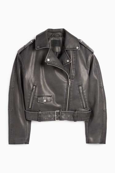 Dames - Bikerjack met ceintuur - imitatieleer - zwart