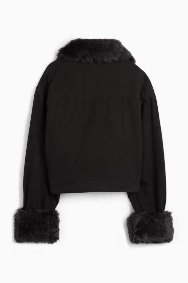 Damen - Jeansjacke mit Kunstfellbesatz - gefüttert - schwarz