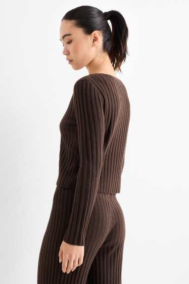 Dames - Gebreid vest - geribd - donkerbruin