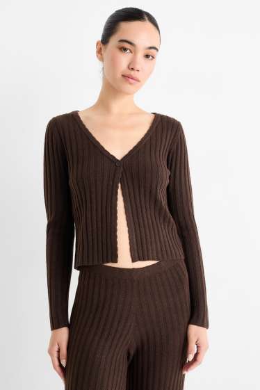Dames - Gebreid vest - geribd - donkerbruin