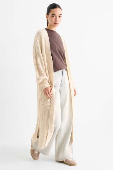 Dames - Lang gebreid vest - geribd - licht beige