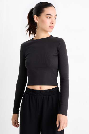 Dames - Korte longsleeve - geribd - zwart