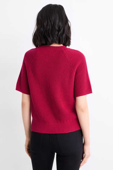 Donna - Maglione - a maniche corte - a coste - rosso scuro