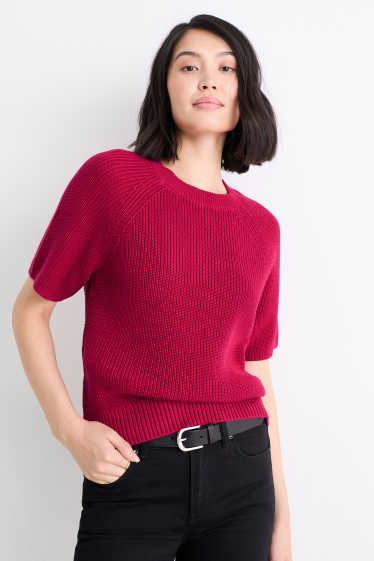 Donna - Maglione - a maniche corte - a coste - rosso scuro