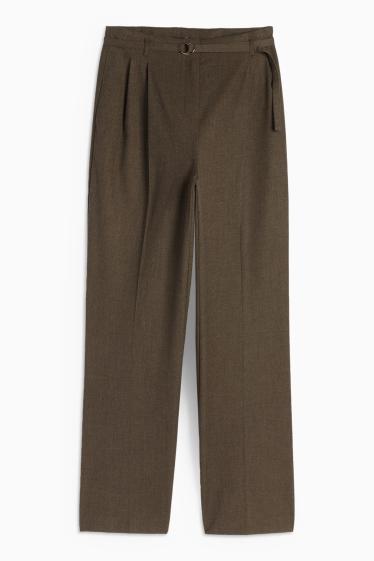 Women - Cloth trousers with belt - high-rise waist - wide leg - brown