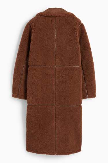 Damen - Faux Shearling Mantel - Lederimitat - braun