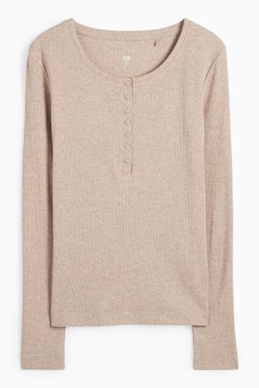 Dámské - Tričko basic ve stylu henley - slim fit - žebrované - světle hnědá
