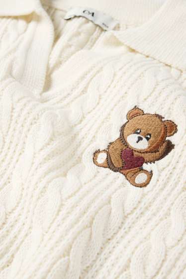 Kinder Mädchen - Teddybär - Pullover - Zopfmuster - cremeweiß