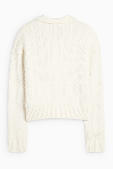Kinder Mädchen - Teddybär - Pullover - Zopfmuster - cremeweiß