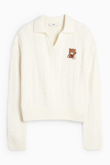 Kinder Mädchen - Teddybär - Pullover - Zopfmuster - cremeweiß