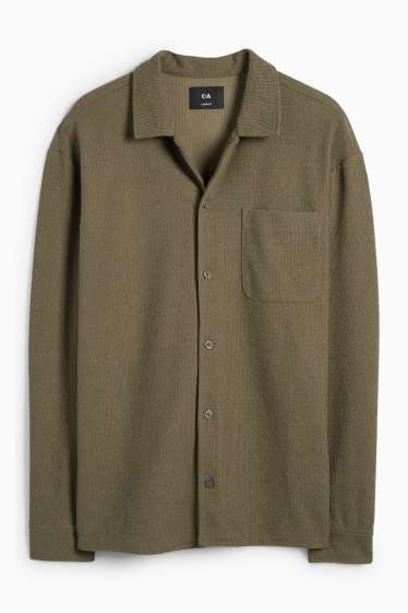 Heren - Gebreid overhemd - loose fit - reverskraag - geribd - groen